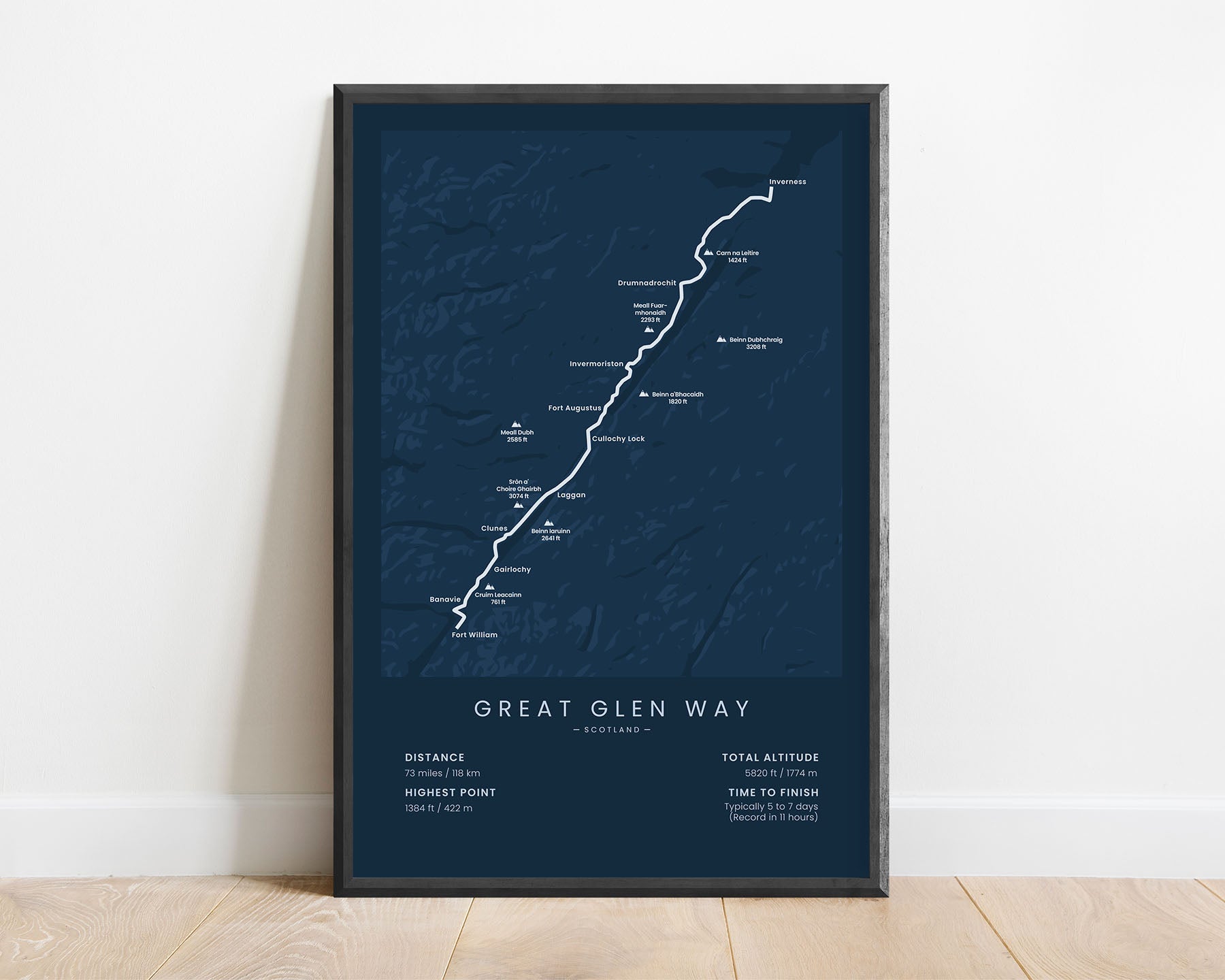 Great Glen Way (Fort William to Inverness) thru hike wall map with blue background