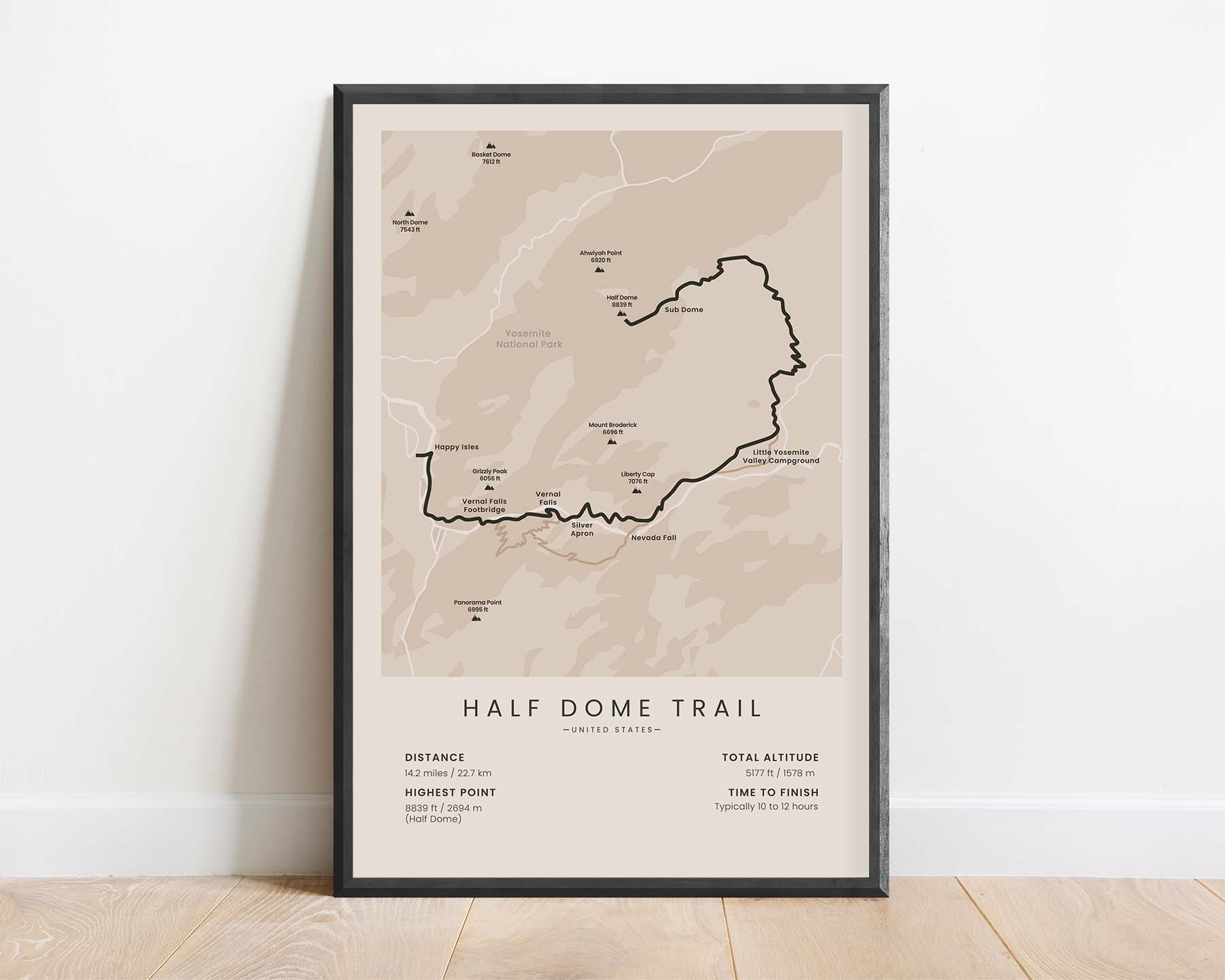 Half Dome Hike (Nevada Fall, California, John Muir Trail, Yosemite National Park, Yosemite Valley, Vernal Fall, United States) Path Wall Map with Beige Background