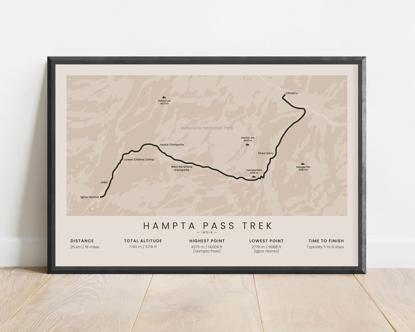Hampta Pass Trek (Kullu Valley, Lahaul and Spiti District, Himalayas, Inderkilla National Park, Chandra Taal Lake, India, Manali) Route Wall Map with Beige Background