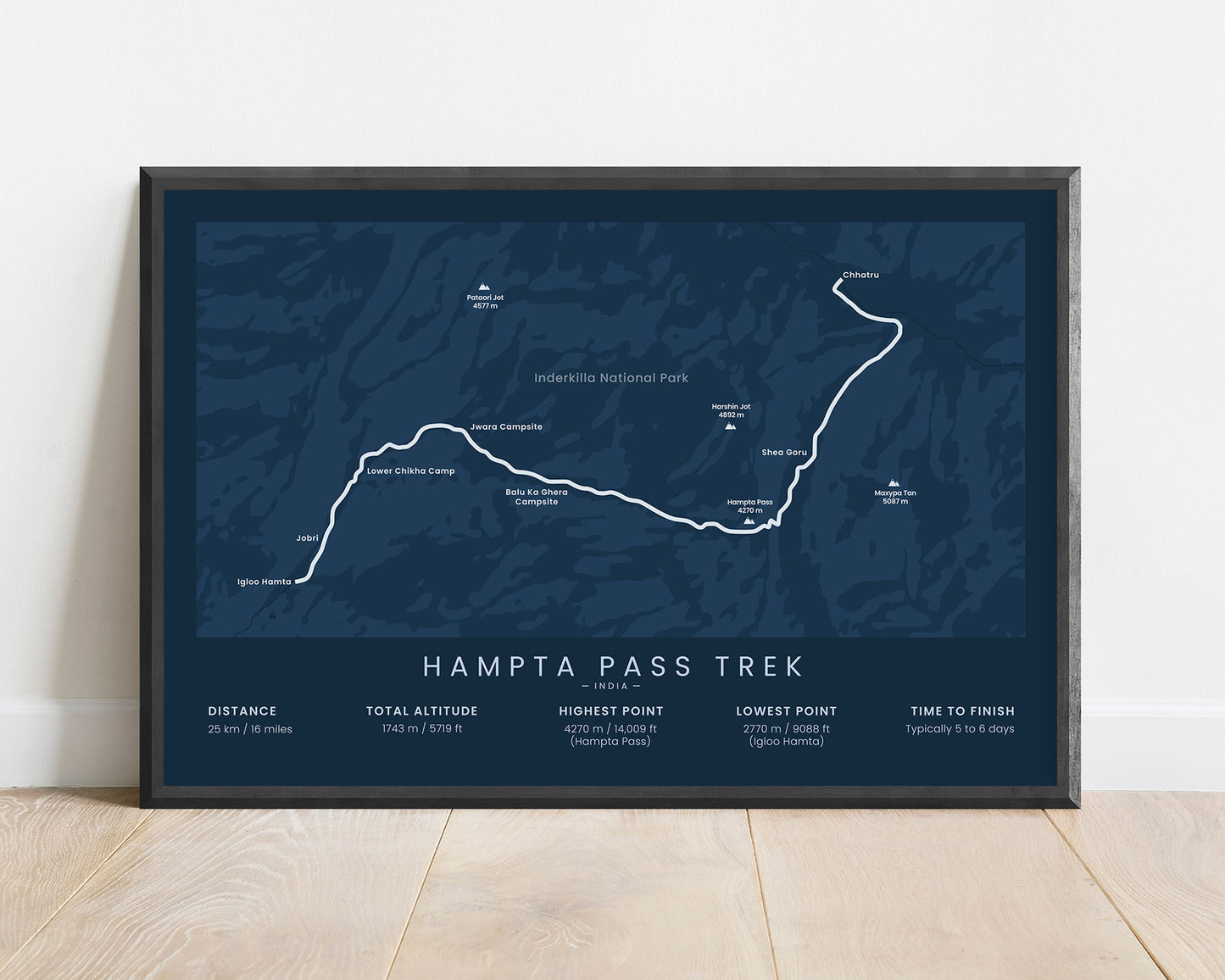 Hampta Pass Trek (Chandra Taal Lake, Himalayas, Inderkilla National Park, Lahaul and Spiti District, Kullu Valley, Manali, India) Path Print with Blue Background