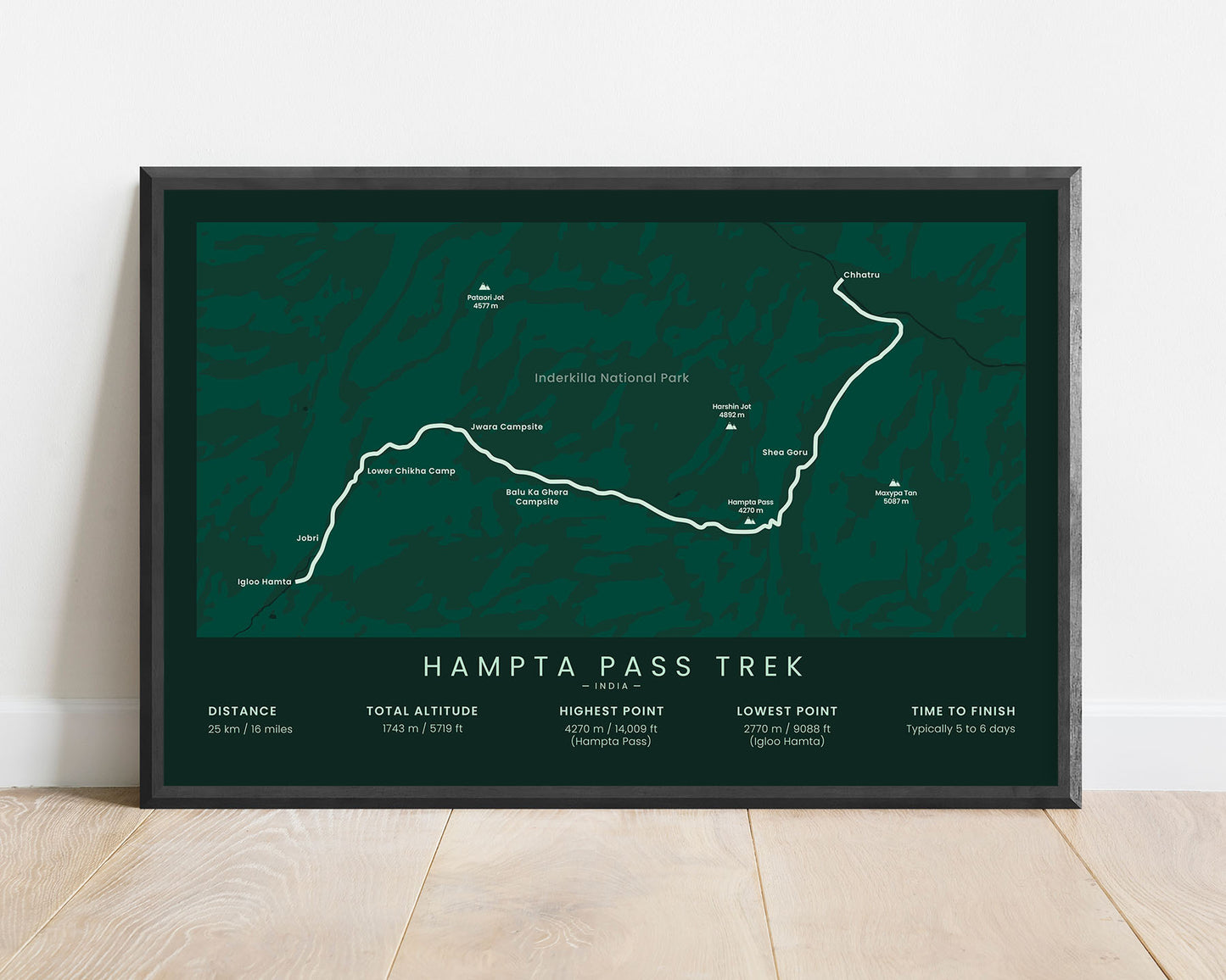 Hampta Pass Trek (Manali, Lahaul and Spiti District, Kullu Valley, Chandra Taal Lake, Inderkilla National Park, Himalayas, India) Trek Map Art with Green Background
