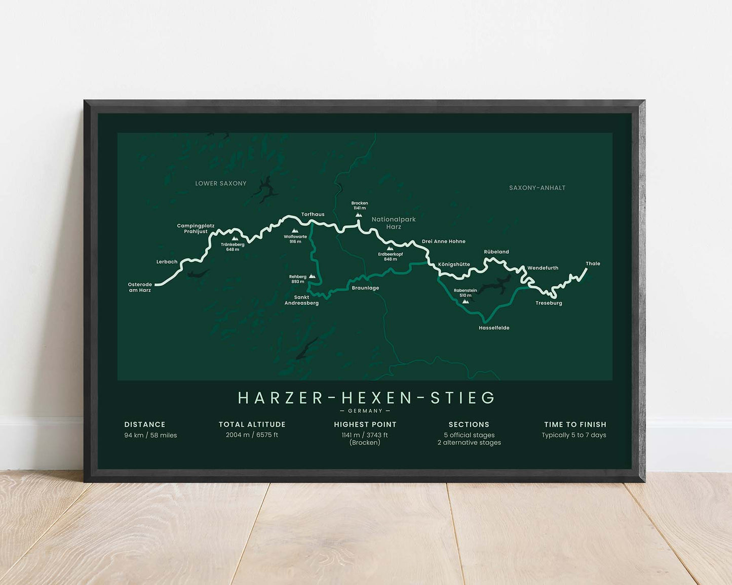 Harzer-Hexen-Stieg (Lower Saxony) Track Map Art with Green Background in Minimal Room Decor