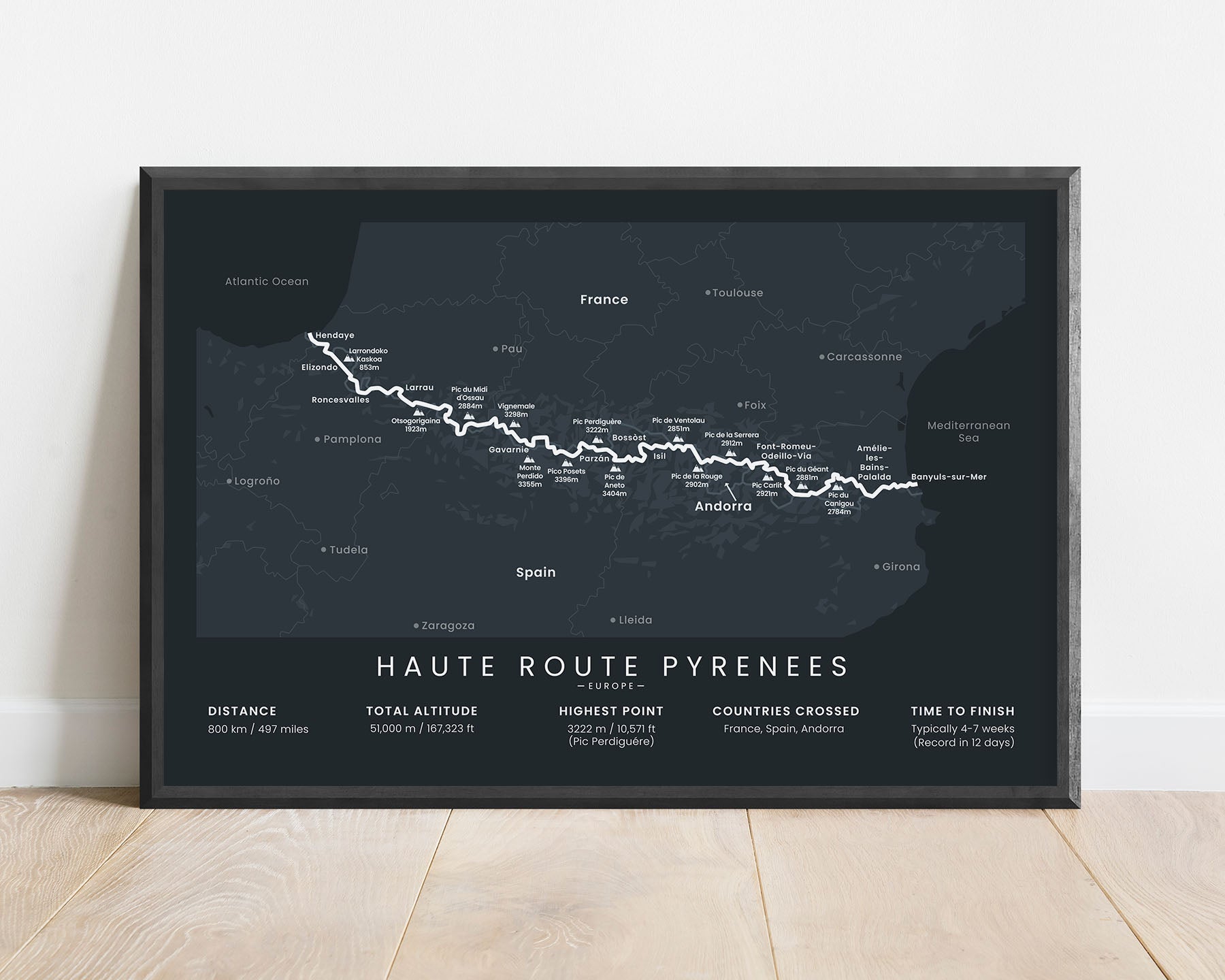 Haute Randonnée Pyrénéenne trek wall map with black background (Andorra)