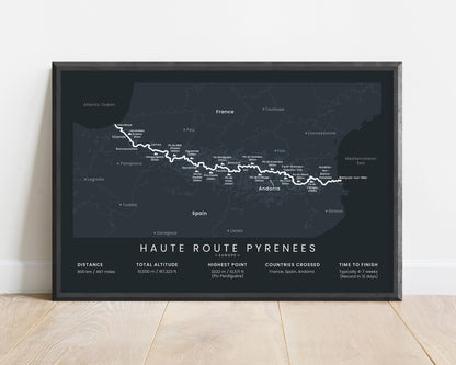 Haute Randonnée Pyrénéenne trek wall map with black background (Andorra)