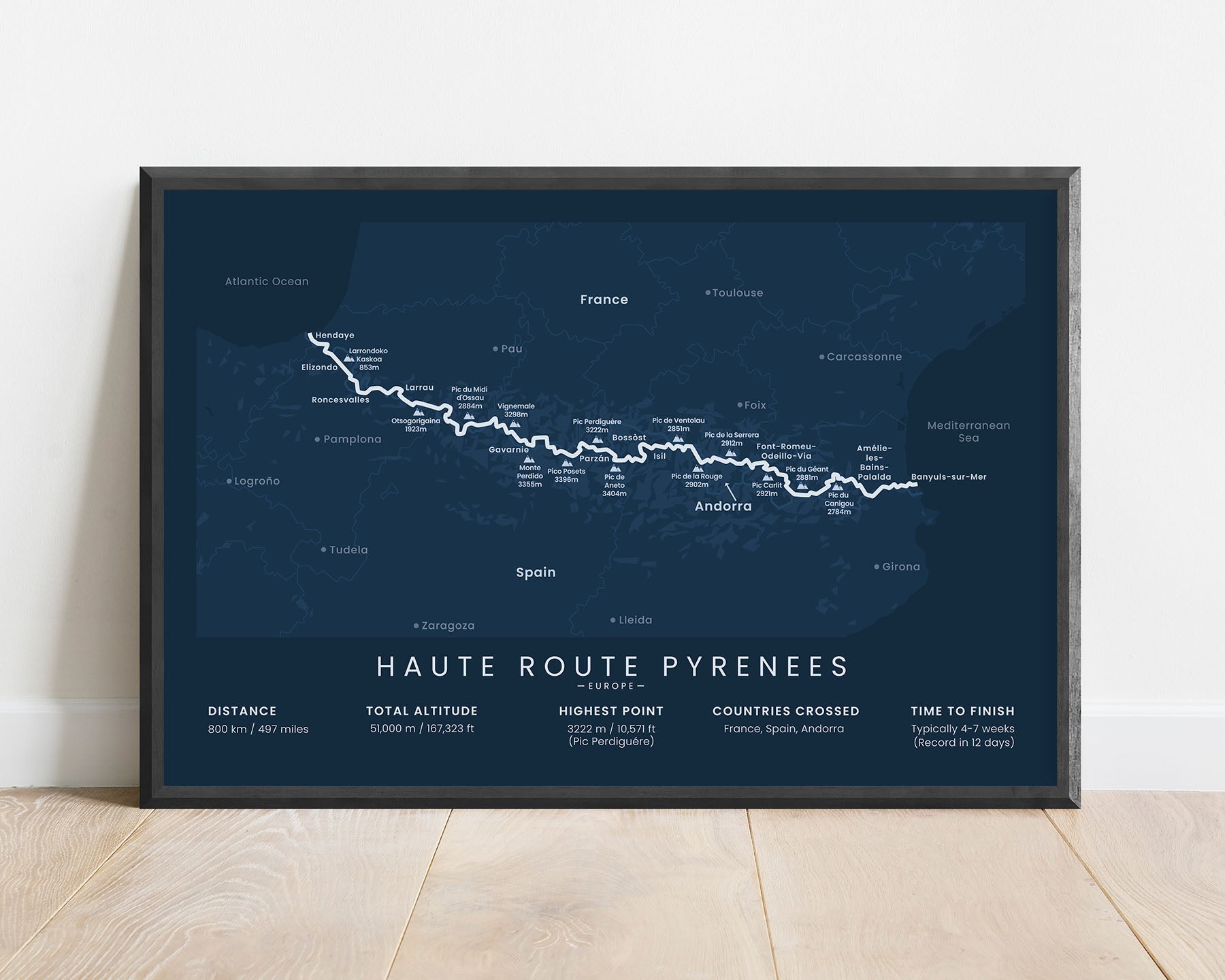 Pyrenean Haute Route thru hike print with blue background (Europe)