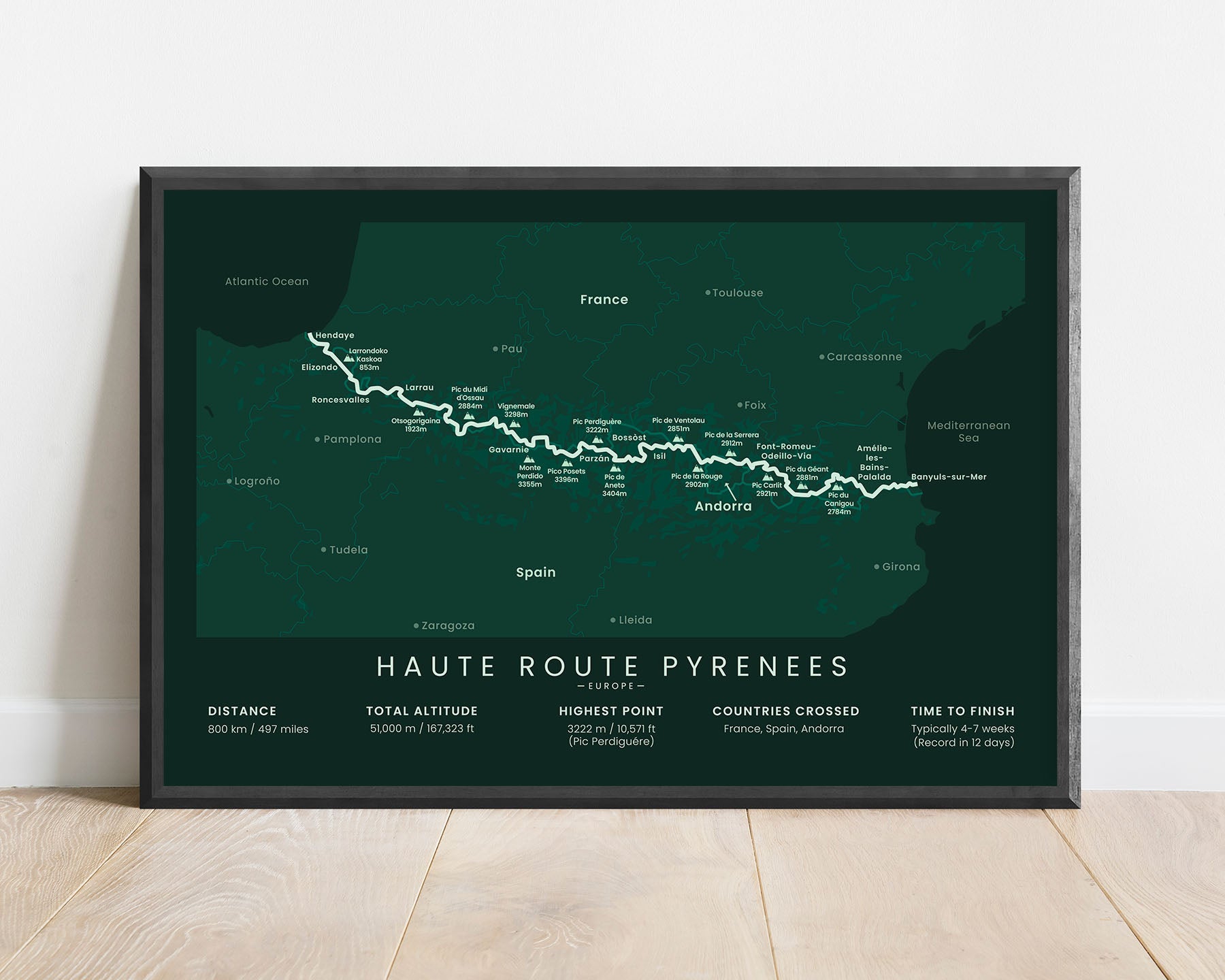 Haute Route Pyrenees trail wall art with green background (Atlantic Ocean to Mediterranean Sea)