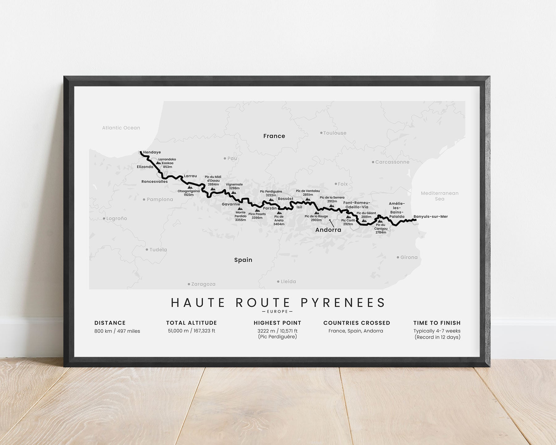 Haute Route Pyrenees route poster with white background (France)