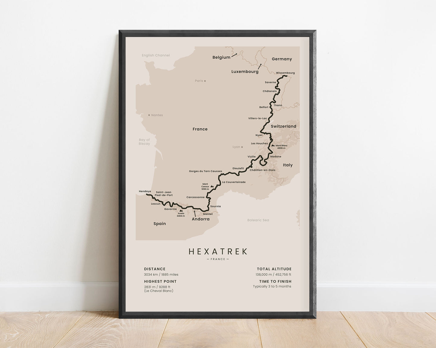 The Great French Trail (Pyrenees) Route Wall Art with Beige Background