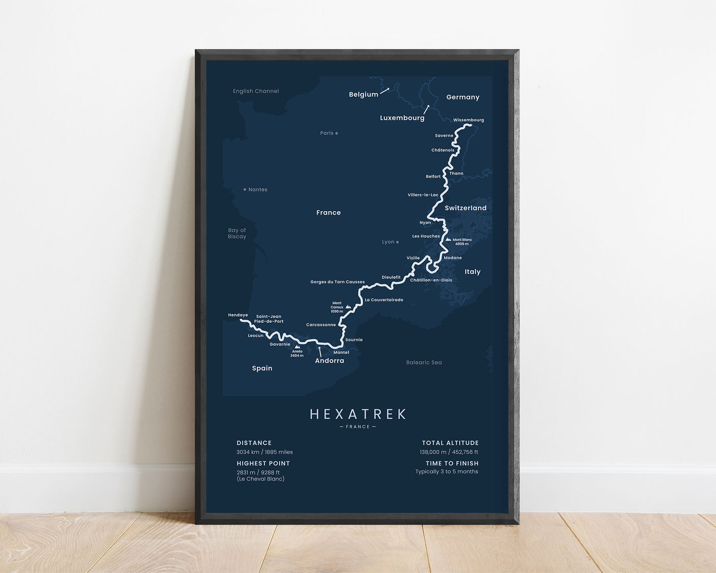 The Great French Trail (Europe) Hike Map Art with Blue Background