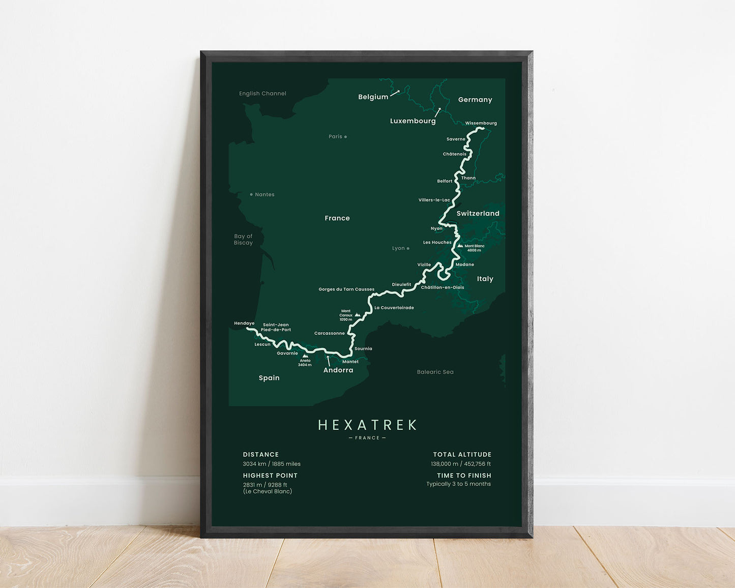 Hexatrek (Wissembourg to Hendaye) Track Poster with Green Background