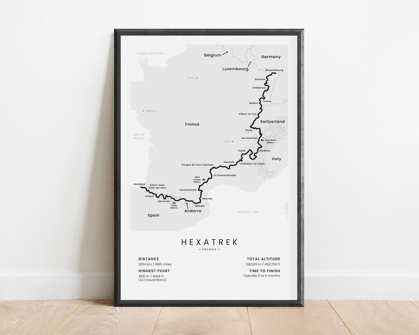 Hexatrek (France) Thru-Hike Wall Map with White Background