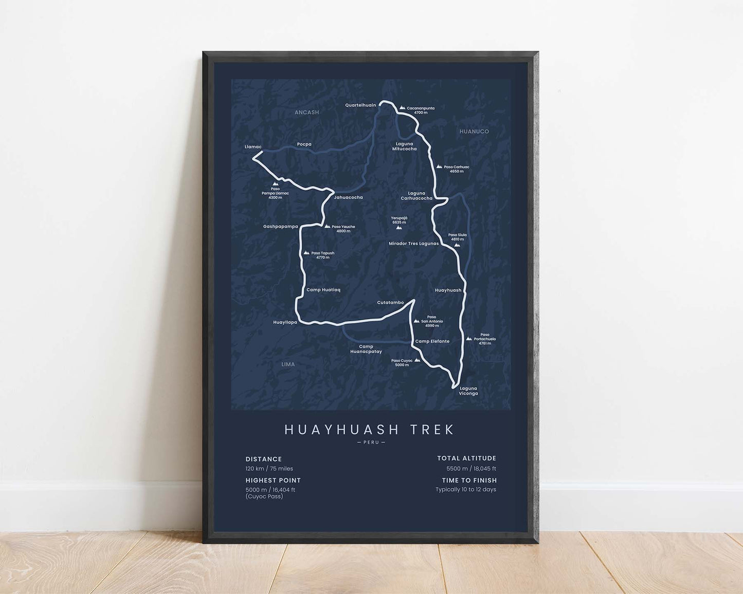 Huayhuash Circuit (Huayhuash Mountain Range) Thru-Hike Map Art with Blue Background