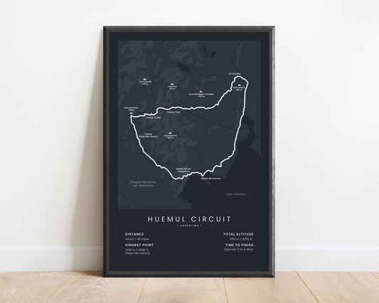 Huemul Circuit (Patagonia) Trail Wall Map with Black Background