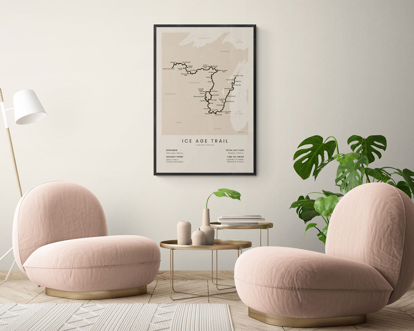 Ice Age Path Map art with beige background in living room