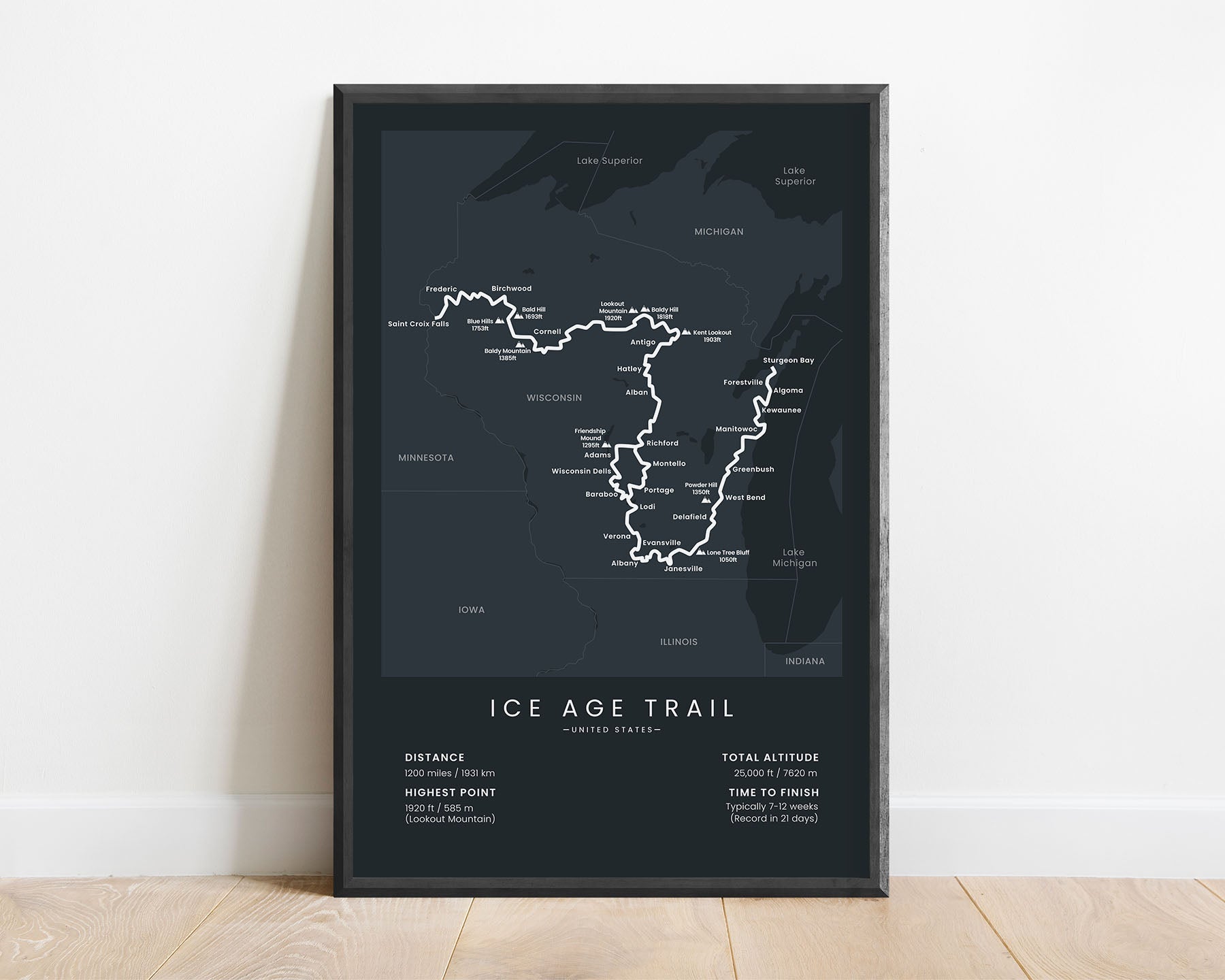 Ice Age trail (Sain Croix Falls to Sturgeon Bay) hiking trail wall map with black background