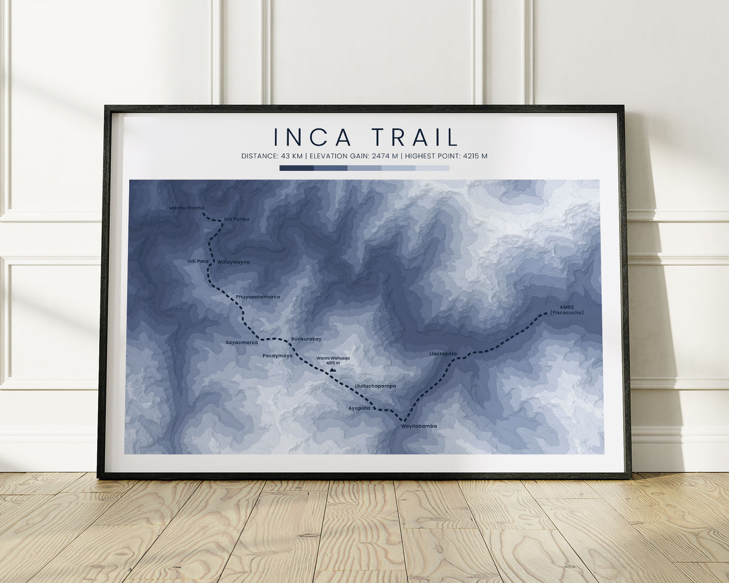 Inca Trail (South America) Hiking Trail Print Map with Minimal Blue Background