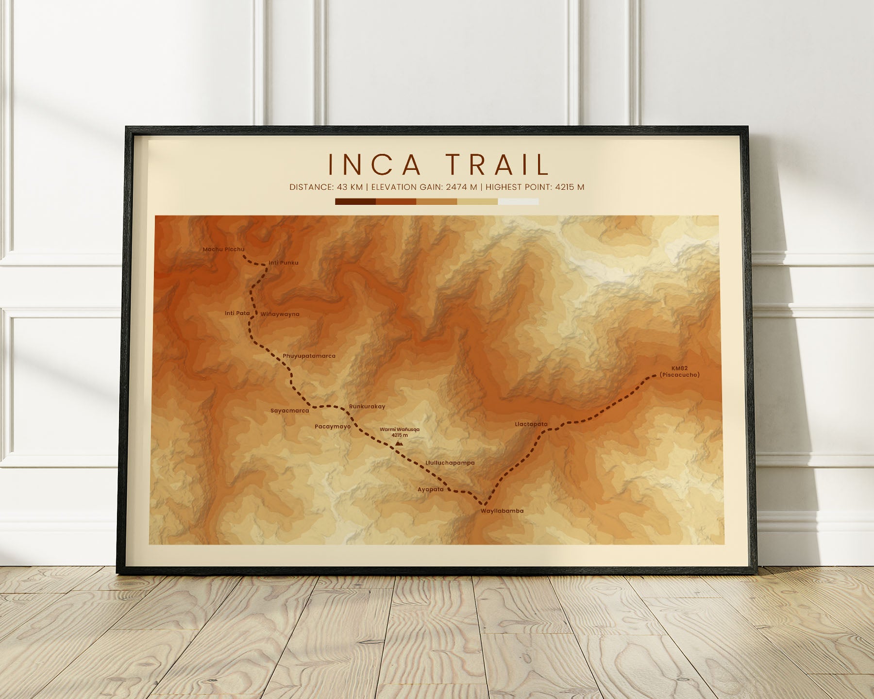 Camino Inca (Machu Picchu) Route Print with Vintage Orange Background