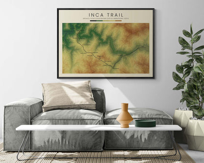 Inca Trail to Machu Picchu (Peru) Path Wall Decor Gift with Shaded Relief Map in Modern Living Room Decor
