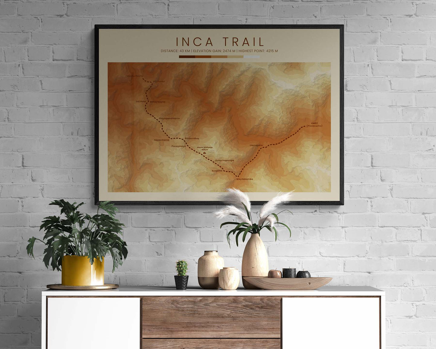Inca Trail to Machu Picchu (Peru) Hike Poster with Topographic Map in Modern Interior Wall Art