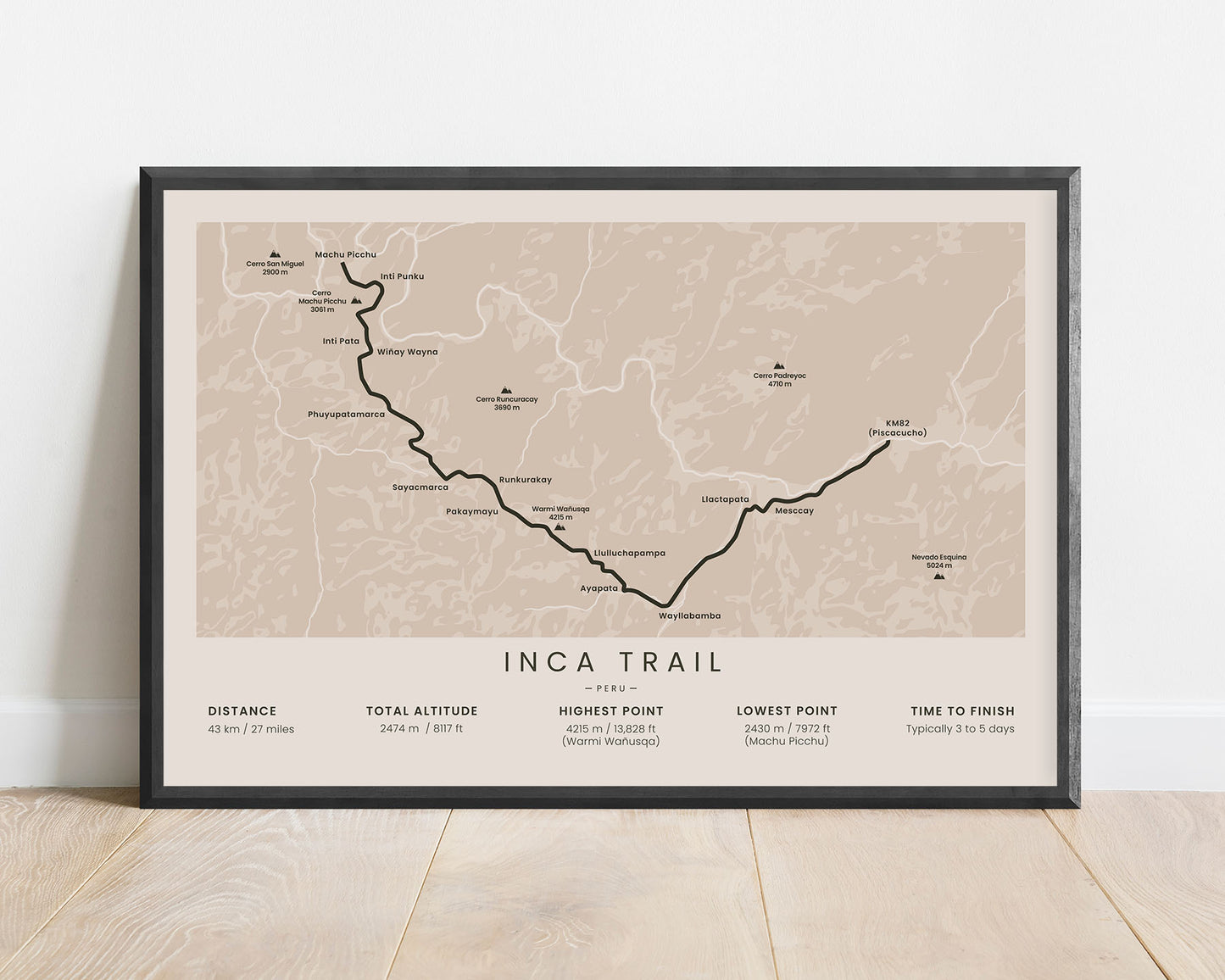 Camino Inca (Machu Picchu) Hike Wall Map with Beige Background
