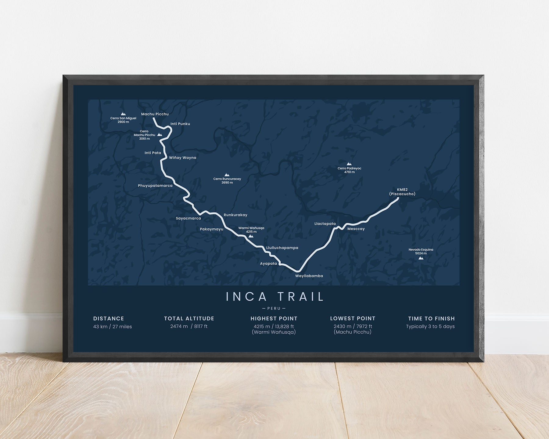 Camino Inka (Machu Picchu) Route Map Art with Blue Background
