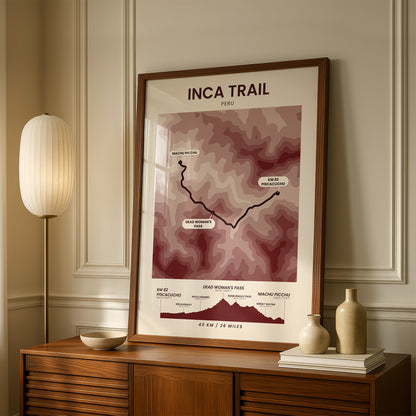 Inca Trail (Andes) Terrain Map Wall Decor with Red Background
