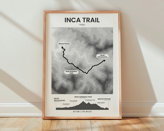 Inca Trail (South America) Landscape Map Map Art with Black Background