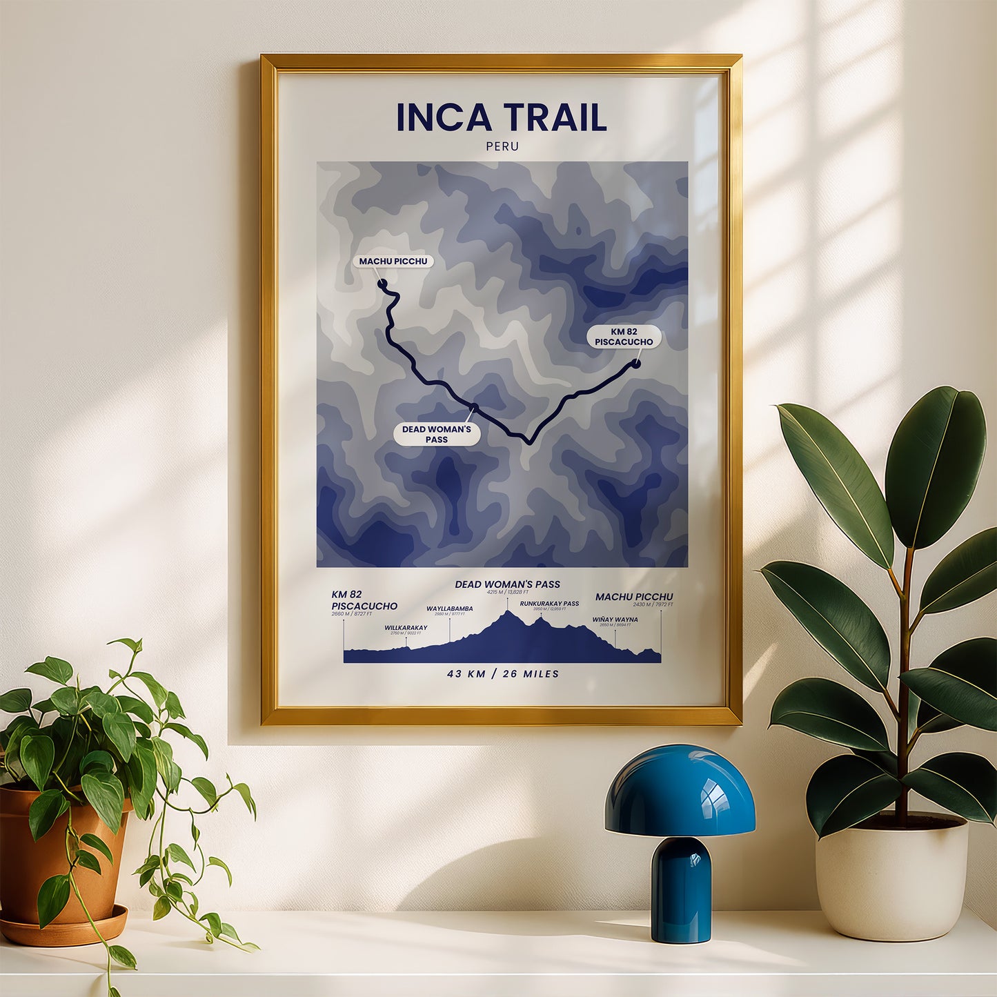 Inca Trail To Machu Picchu (Peru) Contour Map Poster Print with Blue Background