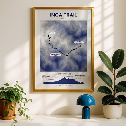 Inca Trail To Machu Picchu (Peru) Contour Map Poster Print with Blue Background