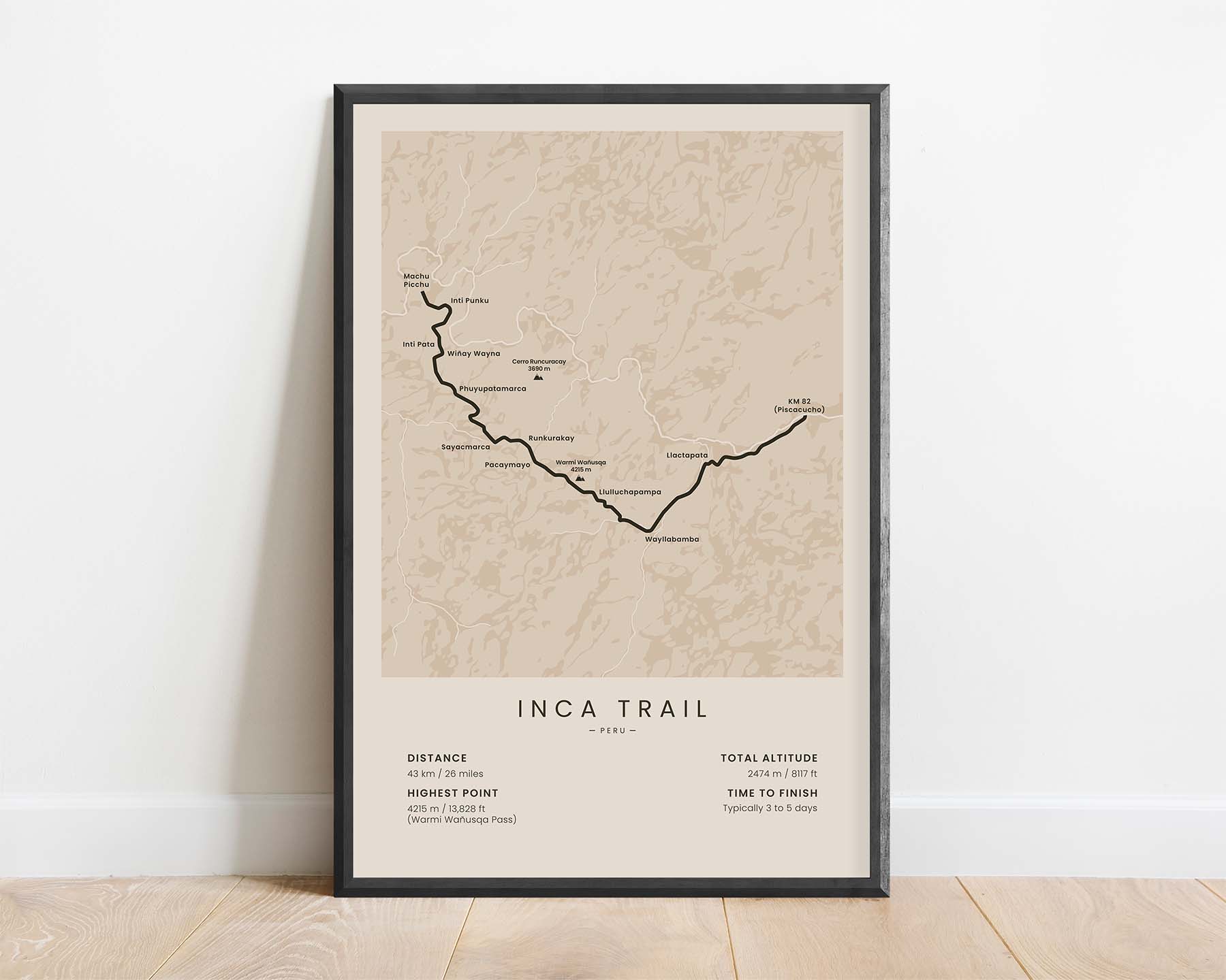 Inca Trail to Machu Picchu (Peru) Path Map Art with Beige Background
