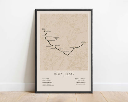 Inca Trail to Machu Picchu (Peru) Path Map Art with Beige Background