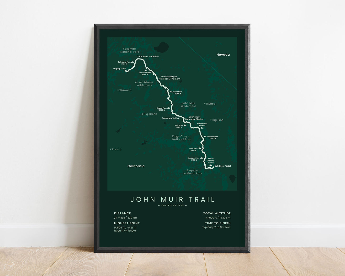 John Muir Trail (Sierra Nevada) Thru Hike Map Art with Green Background