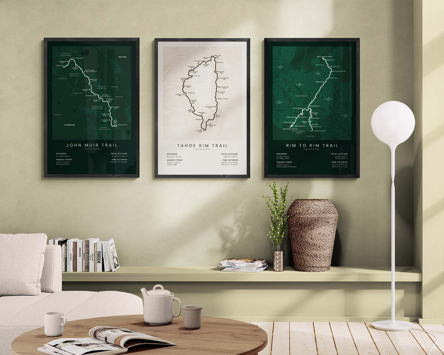 John Muir Trail (Pacific Crest Trail) Hike Wall Map in Minimal Room Decor