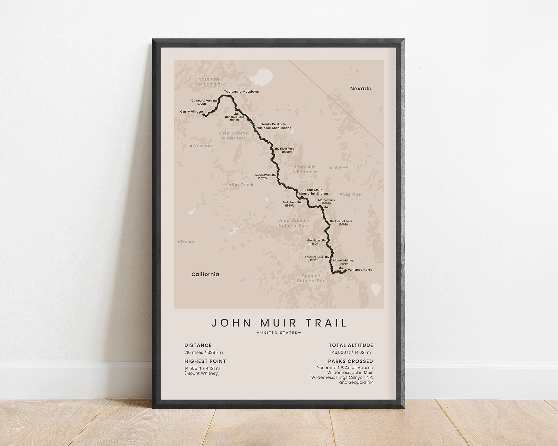 John Muir long-distance hike (From Happy Isles to Mount Whitney) print with beige background