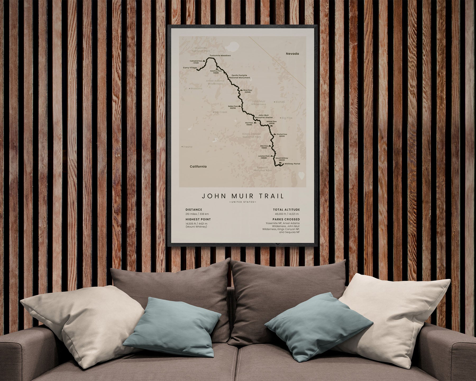 John Muir Trail Thru-Hike minimalist print with beige background in living room