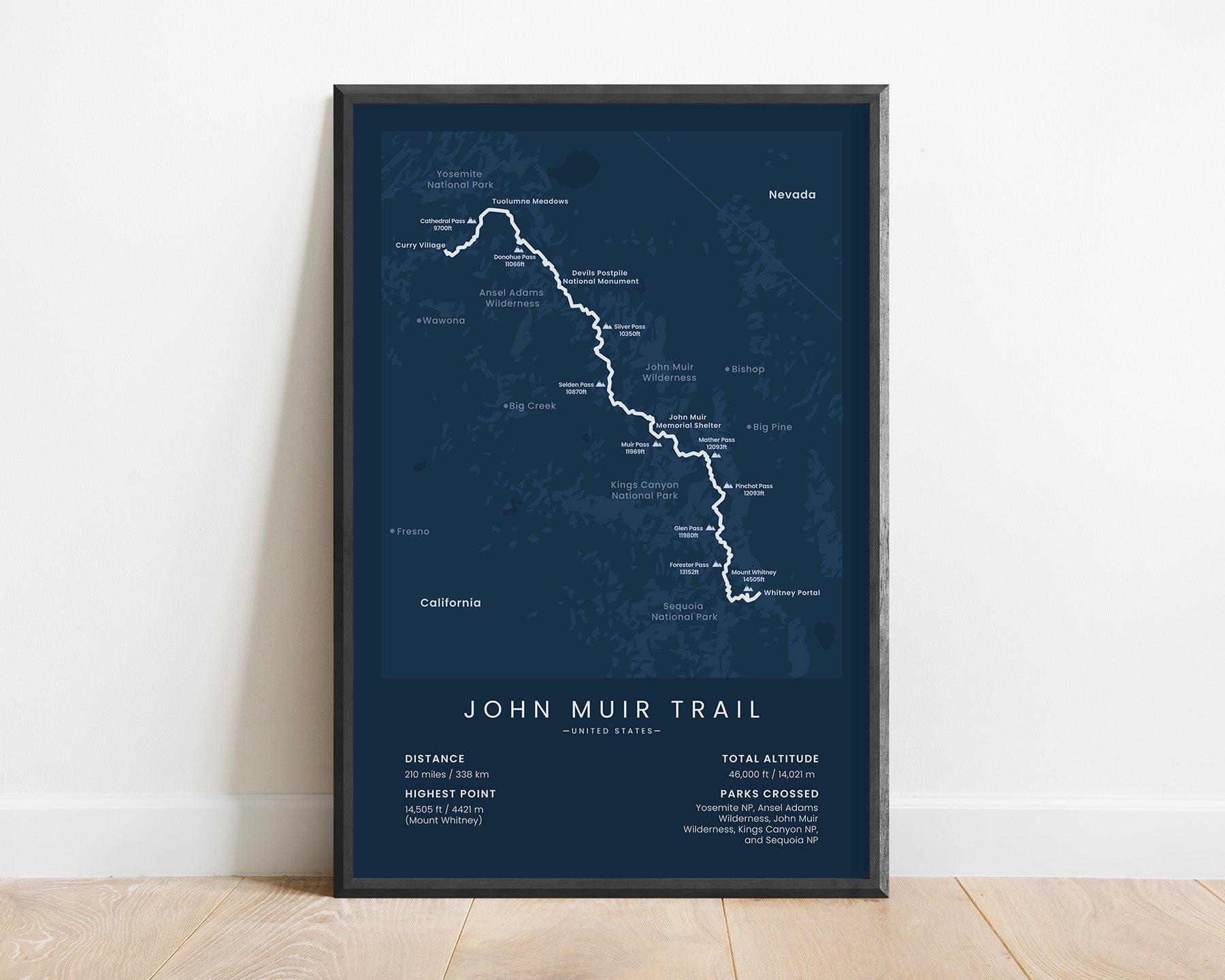 John Muir hiking trail (Crossing Yosemite, Sequoia National Park, King's Canyon, and Sierra Nevada mountain range) poster with blue background