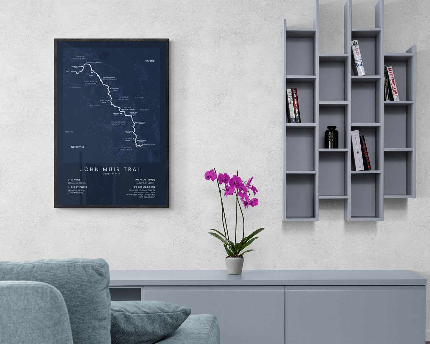 JMT minimalist map poster with blue background in living room
