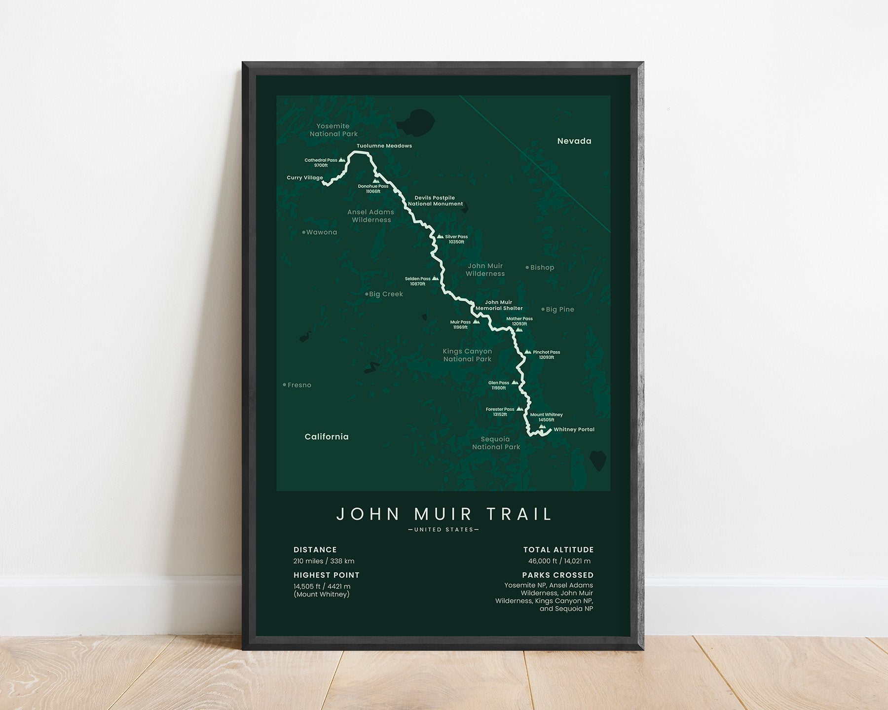 John Muir Track Cross-Country Hike (also joining the Pacific Crest Trail) minimalist wall art with green background
