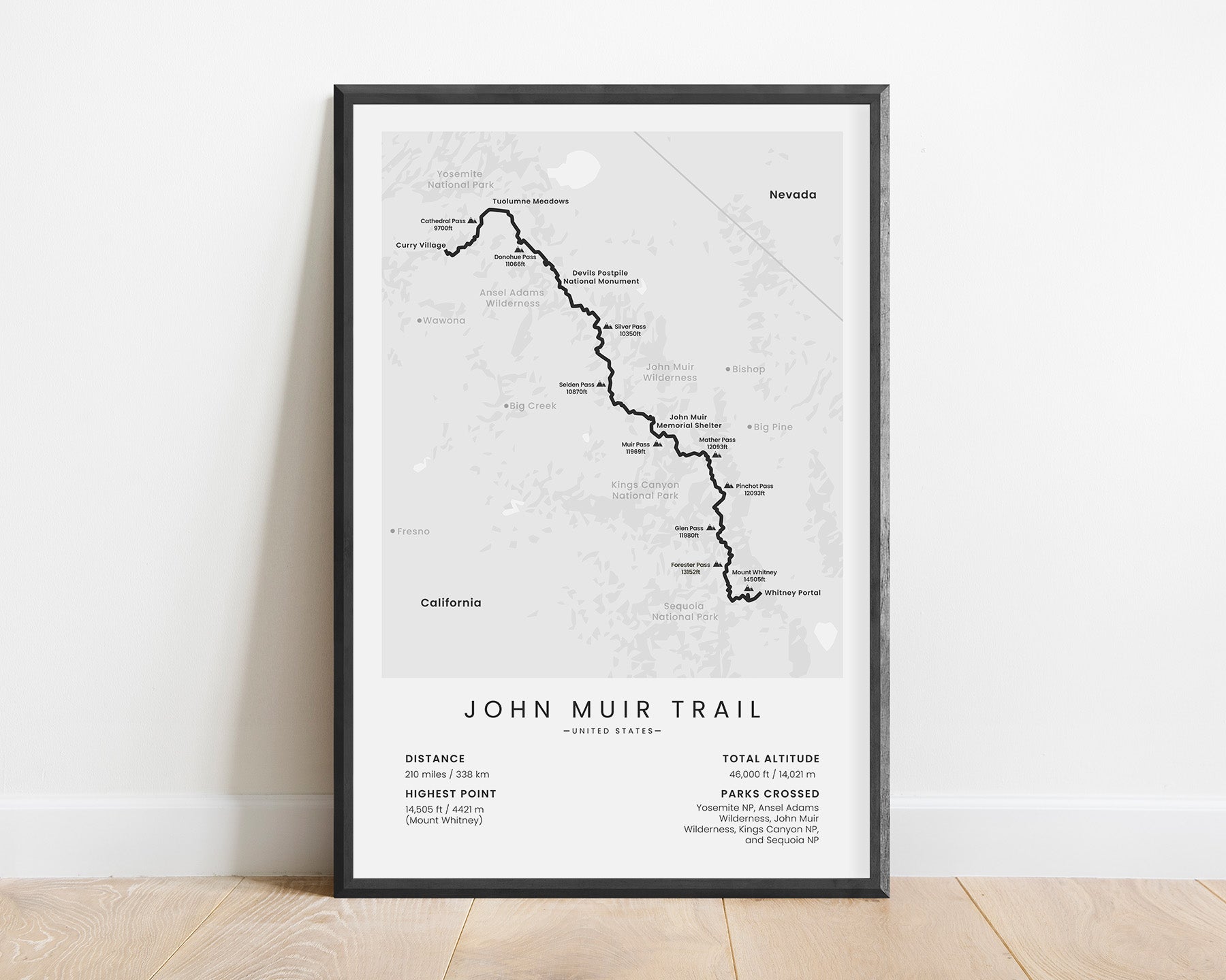 John Muir trail (in California, United States) thu-hike map with white background