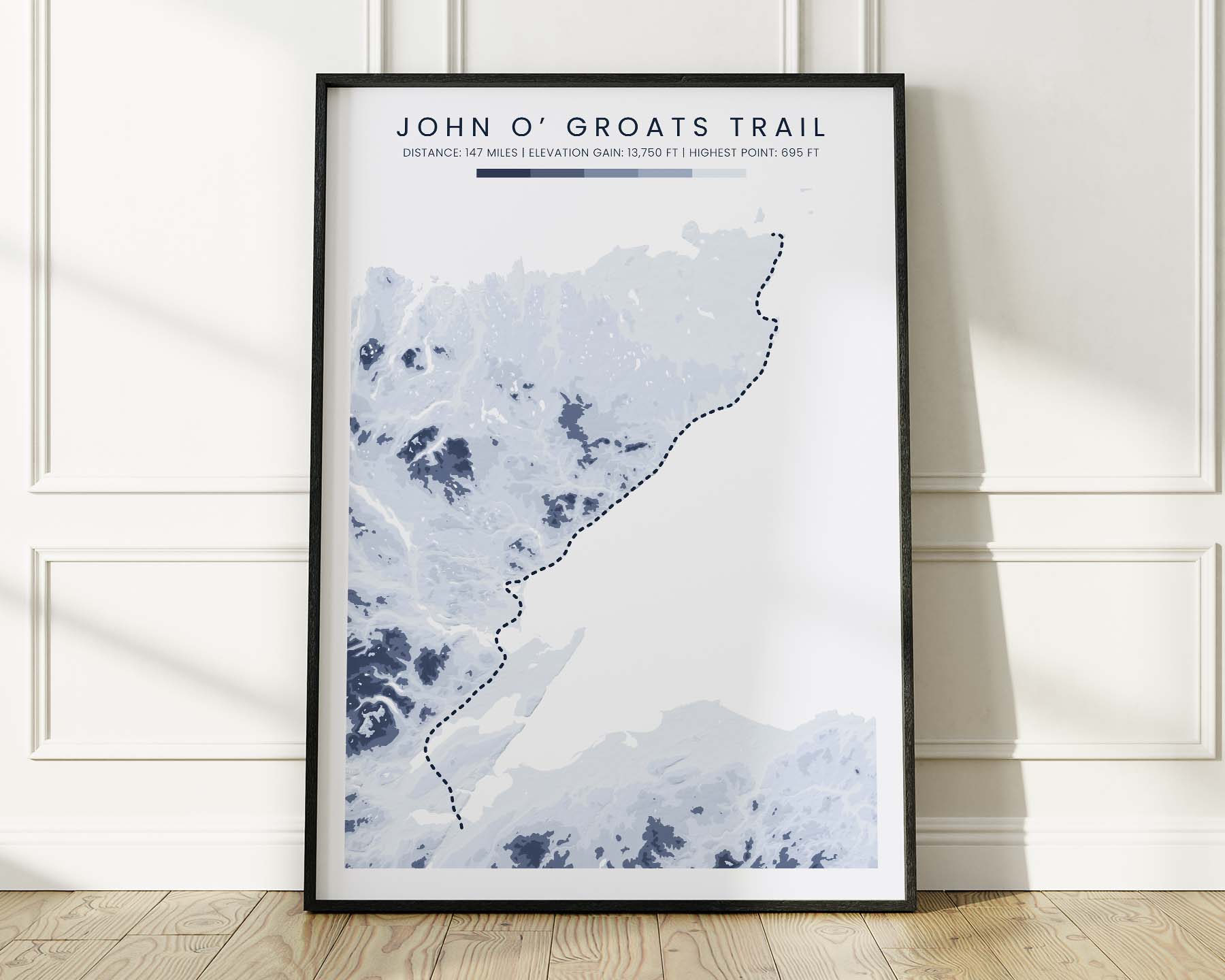 John O' Groats Trail (Scottish Highlands) Hike Poster with Minimal Blue Background in Modern Room Decor