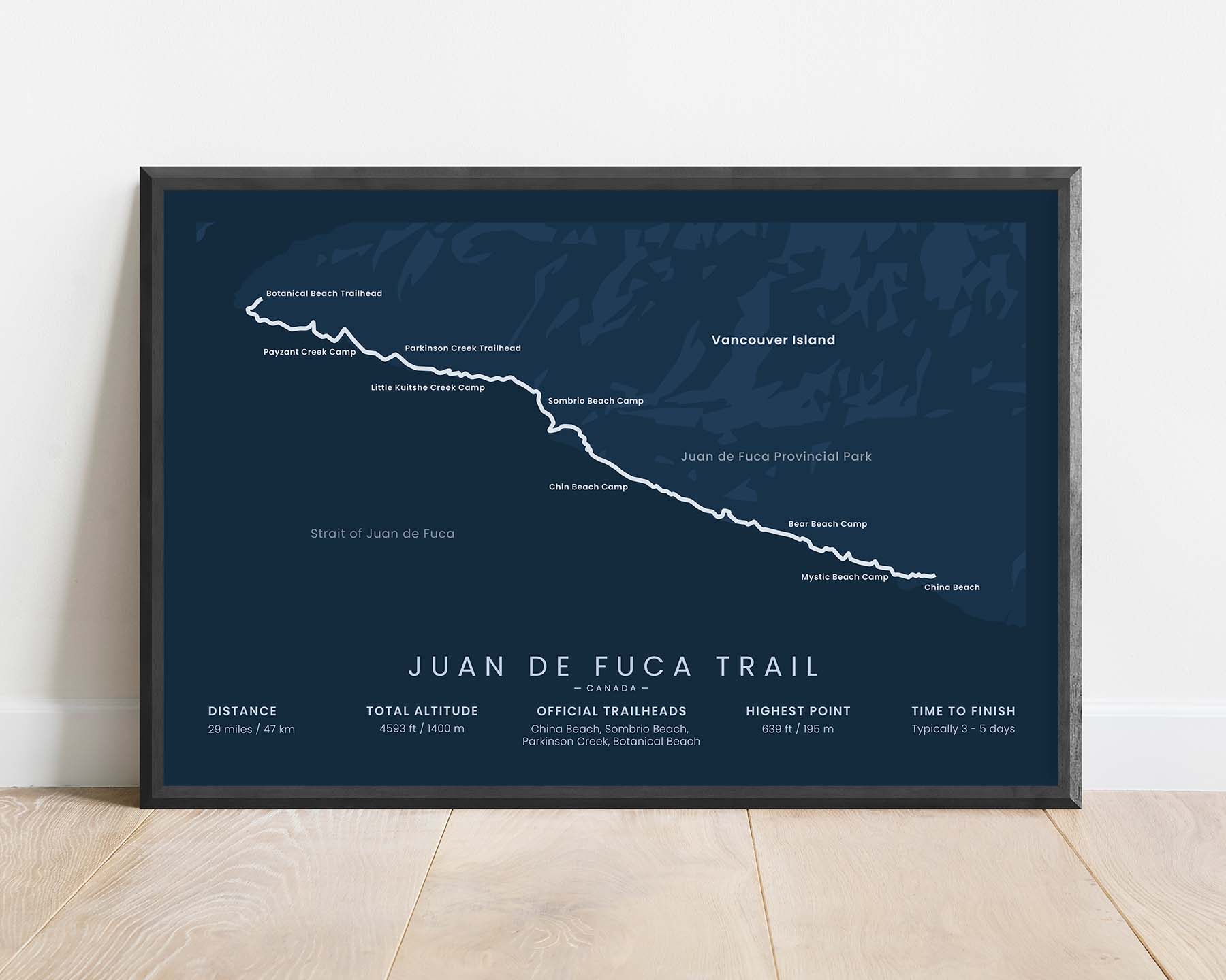 JDF (Juan de Fuca Provincial Park, Vancouver Island, Botanical Beach Trailhead to China Beach, Sombrio Beach) Trek Print with Blue Background