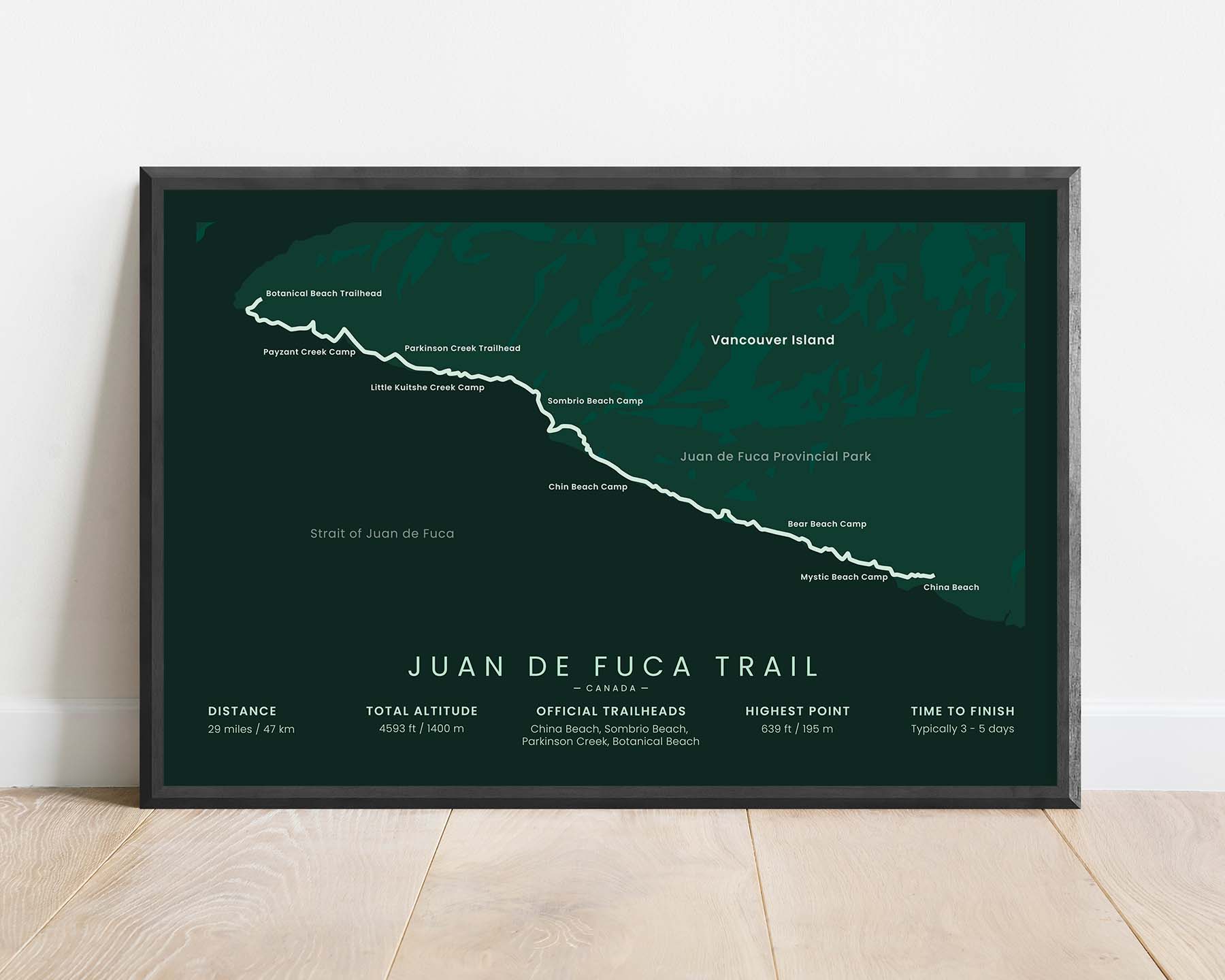 Juan de Fuca Trail (Canada, Sombrio Beach, Botanical Beach Trailhead to China Beach, Vancouver Island, Juan de Fuca Provincial Park) Track Map Art with Green Background