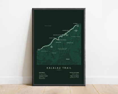 Kalalau Trail (Kauai Island) Trail Map Art with Green Background