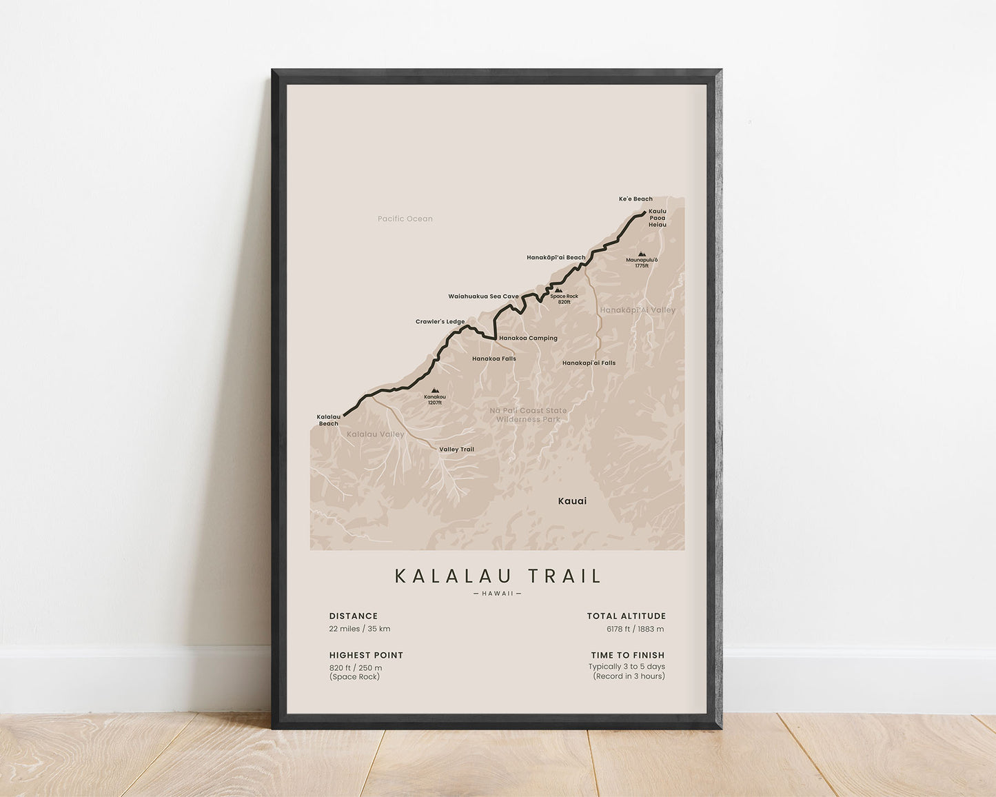 Nā Pali Coast Trail (Kauai Island) hike wall art with beige background