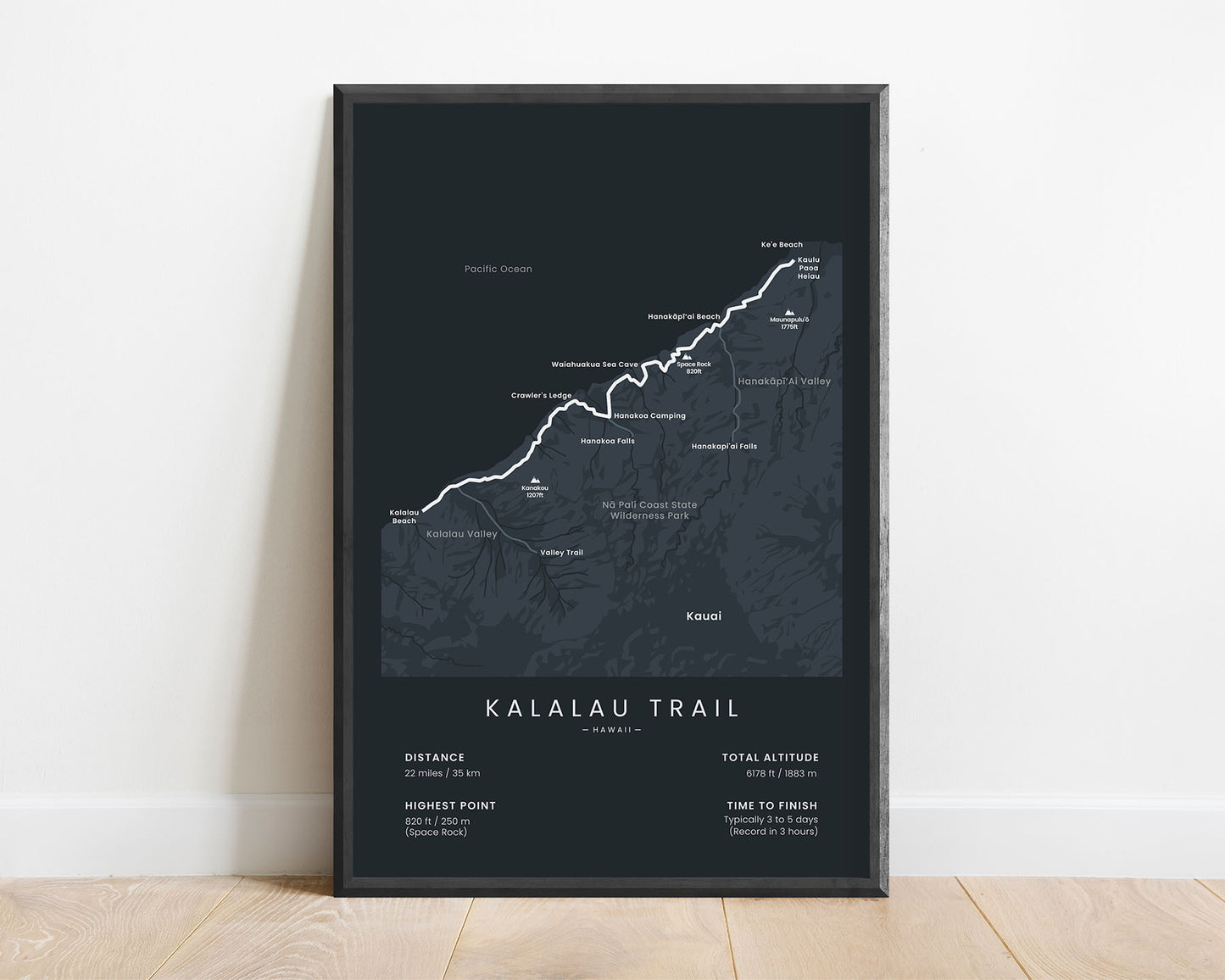 Kalalau Trail (Hawaii) hiking trail print with black background