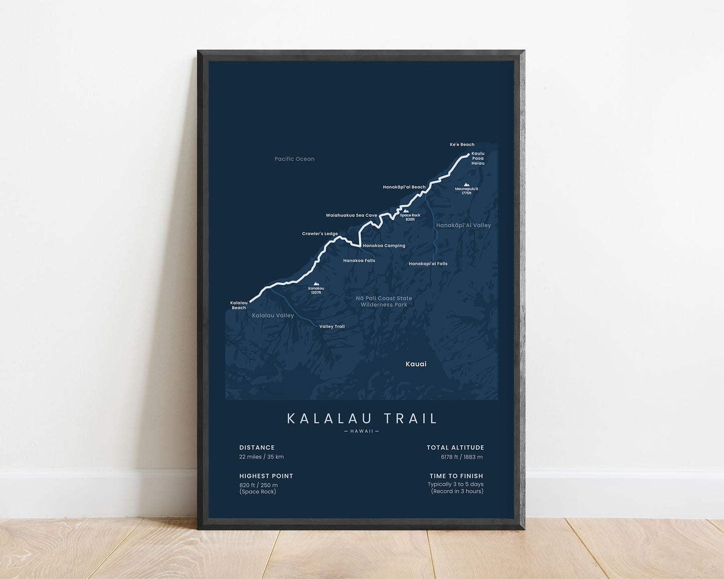 Nā Pali Coast Trail (Crawlers Ledge) thru hike map art with blue background