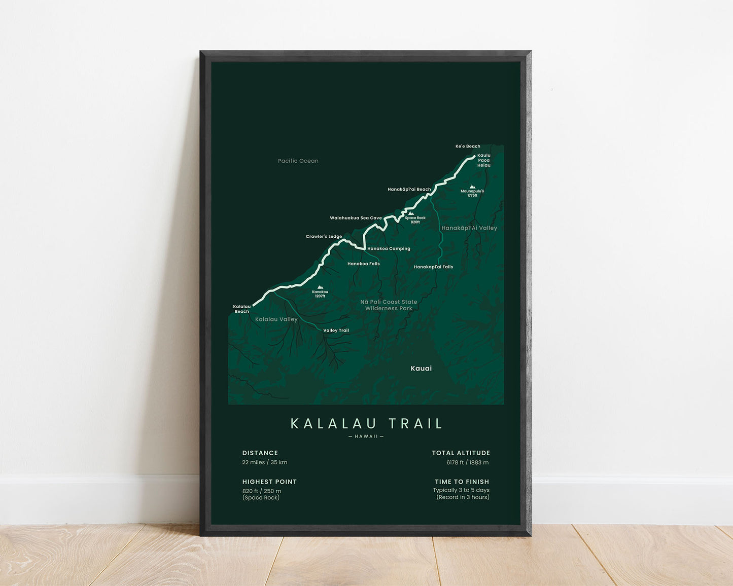 Kalalau Trail (Ke'e to Kalalau Beach) trail wall map with green background