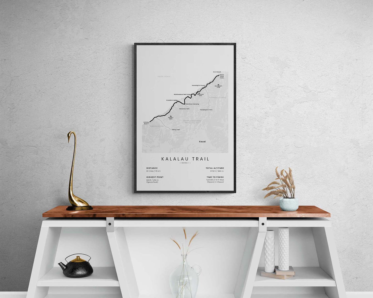 Nā Pali Coast Trail (Kauai Island) trek art print in minimal room decor