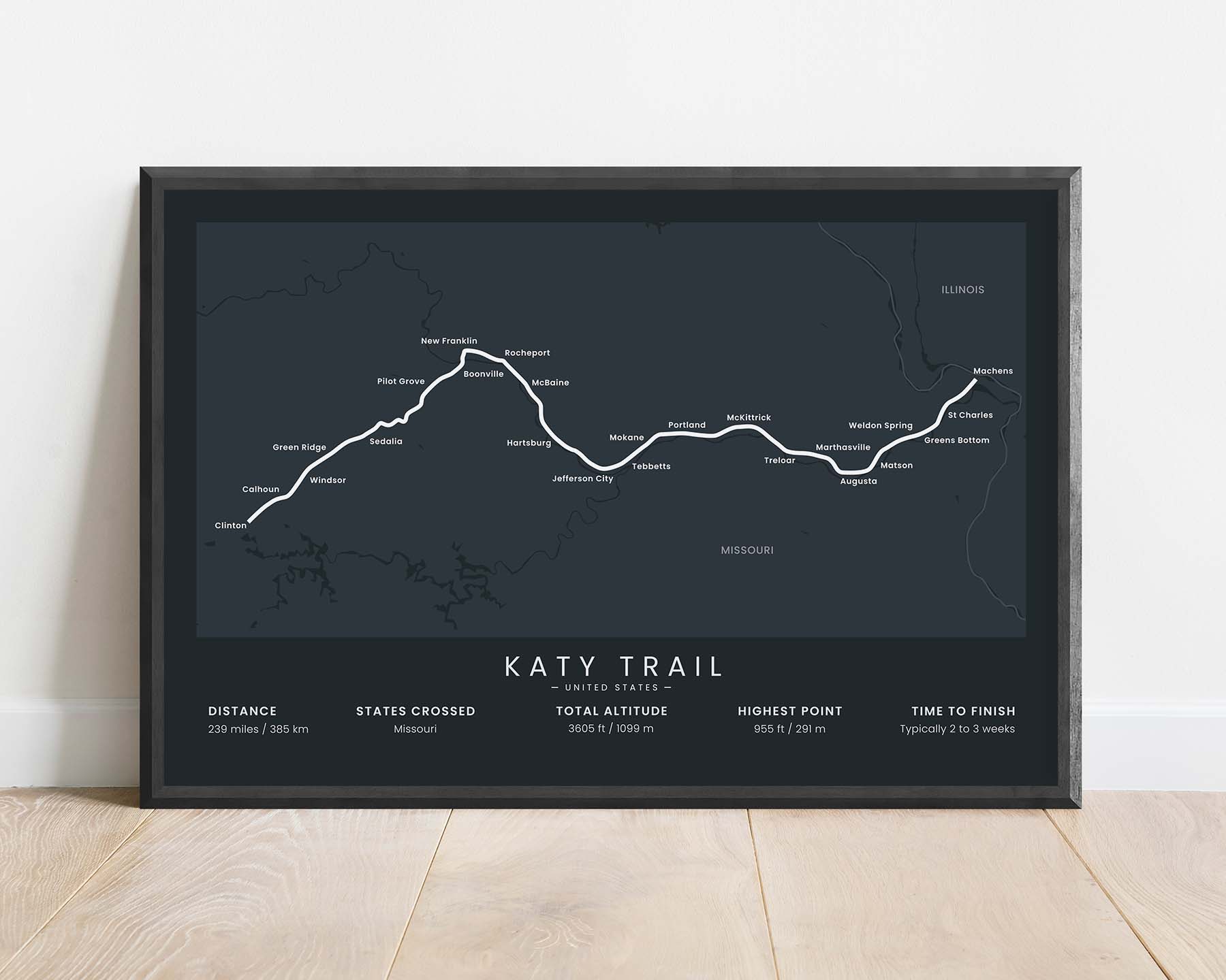 Katy Trail (MKT Railway) Path Map Art with Black Background