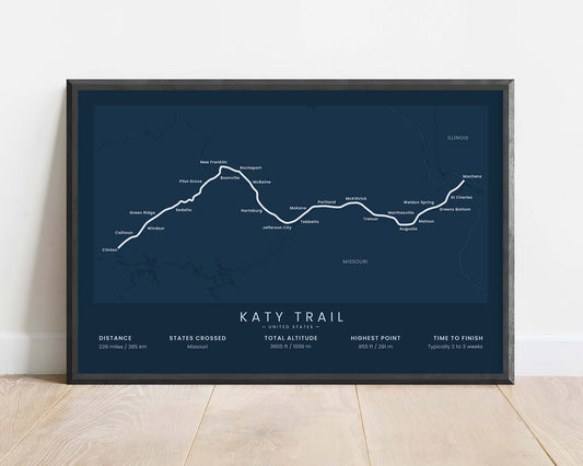 MKT Rail Trail (Clinton to Machens) Thru-Hike Wall Map with Blue Background